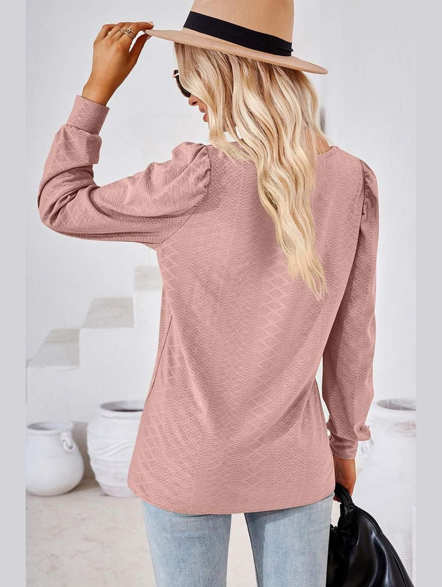 WOMEN PATTERN STITCHED SQUARE NECK PUFF SLEEVE TOP - Doublju
