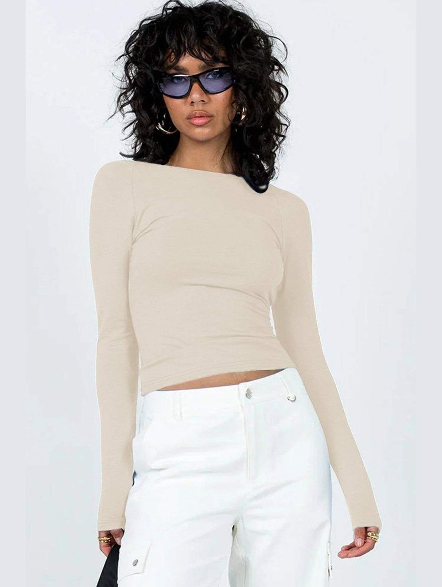 WOMEN LONG SLEEVE BACKLESS TIGHT T SHIRT