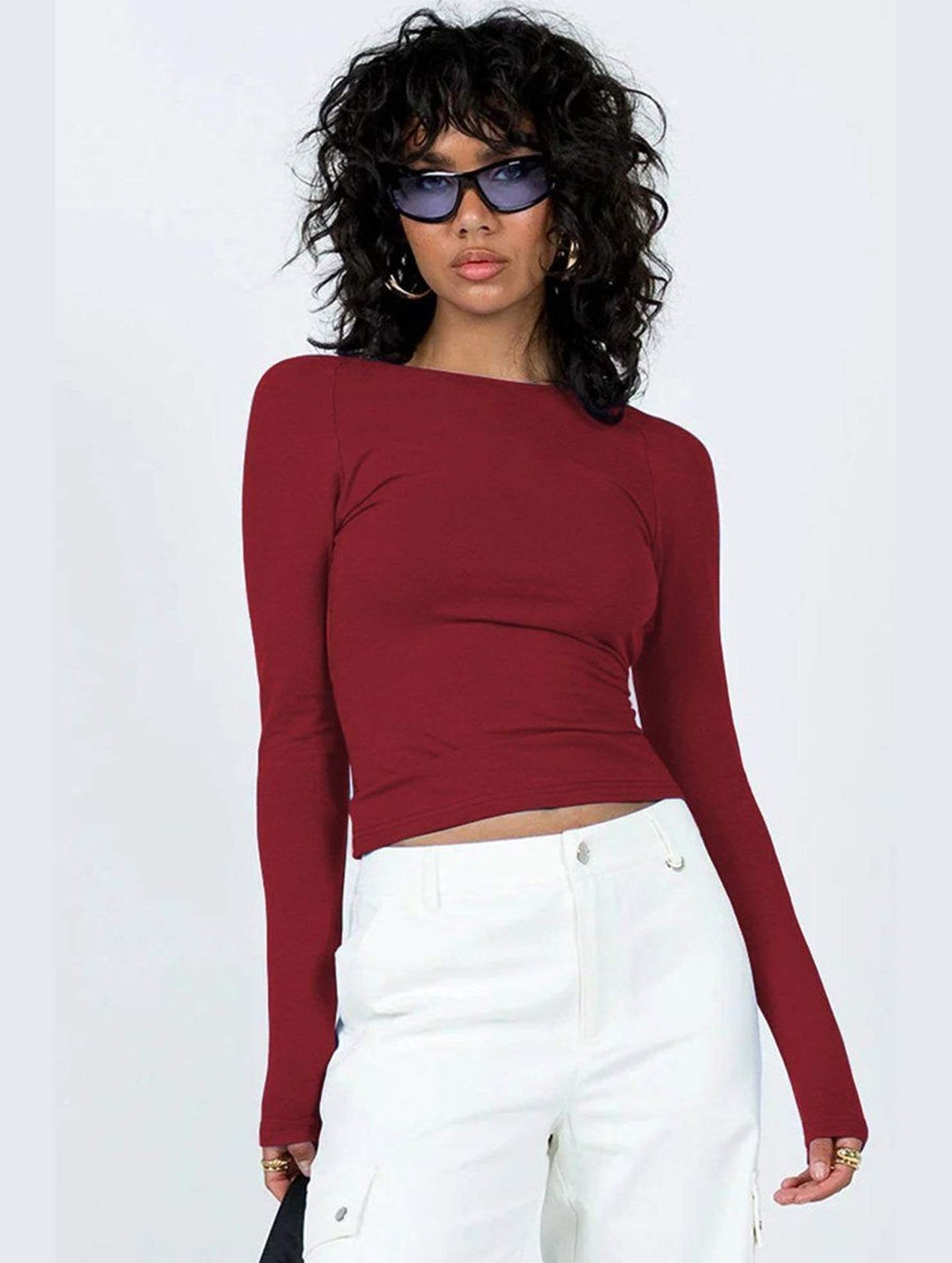 WOMEN LONG SLEEVE BACKLESS TIGHT T SHIRT