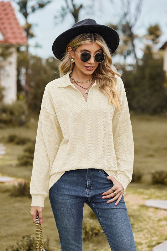 WOMEN TWIST CABLE STITCHED V NECK COLLAR T SHIRT