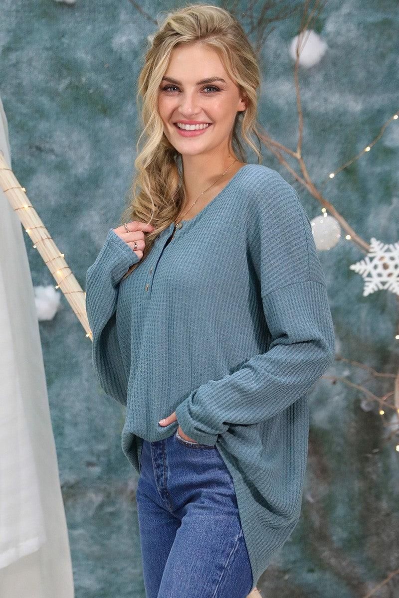 BUTTON PLACKET DETAILED LONG SLEEVE WAFFLE TOP - Doublju