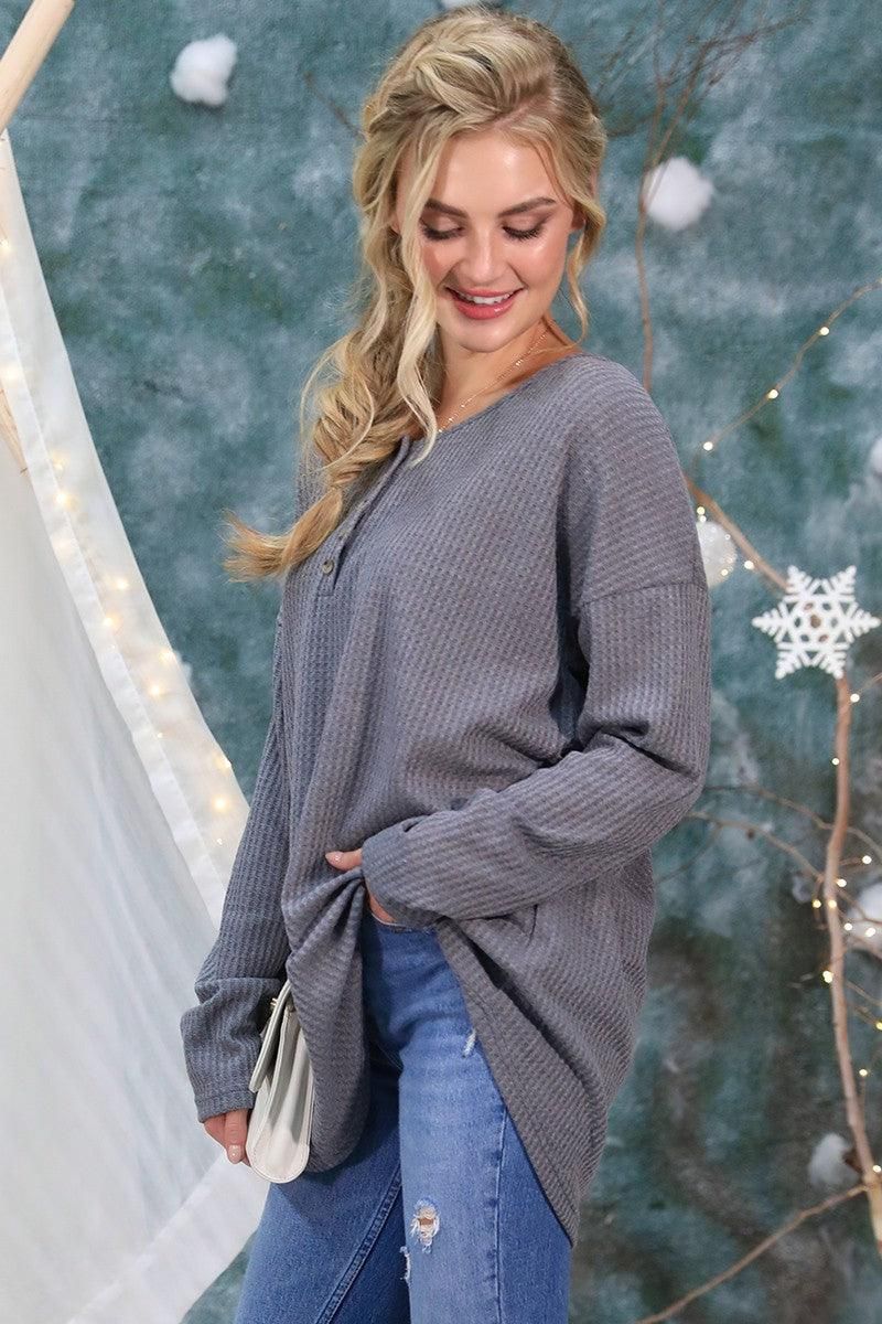 BUTTON PLACKET DETAILED LONG SLEEVE WAFFLE TOP - Doublju