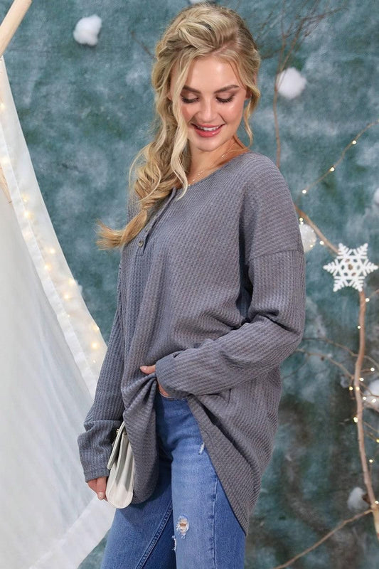 BUTTON PLACKET DETAILED LONG SLEEVE WAFFLE TOP - Doublju