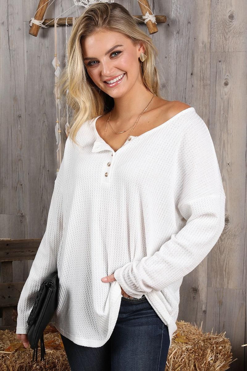 BUTTON PLACKET DETAILED LONG SLEEVE WAFFLE TOP - Doublju