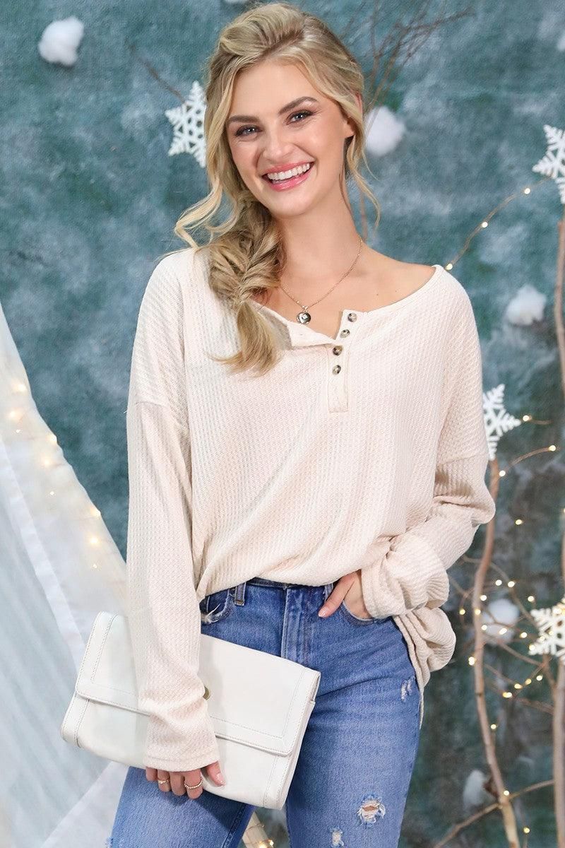 BUTTON PLACKET DETAILED LONG SLEEVE WAFFLE TOP - Doublju