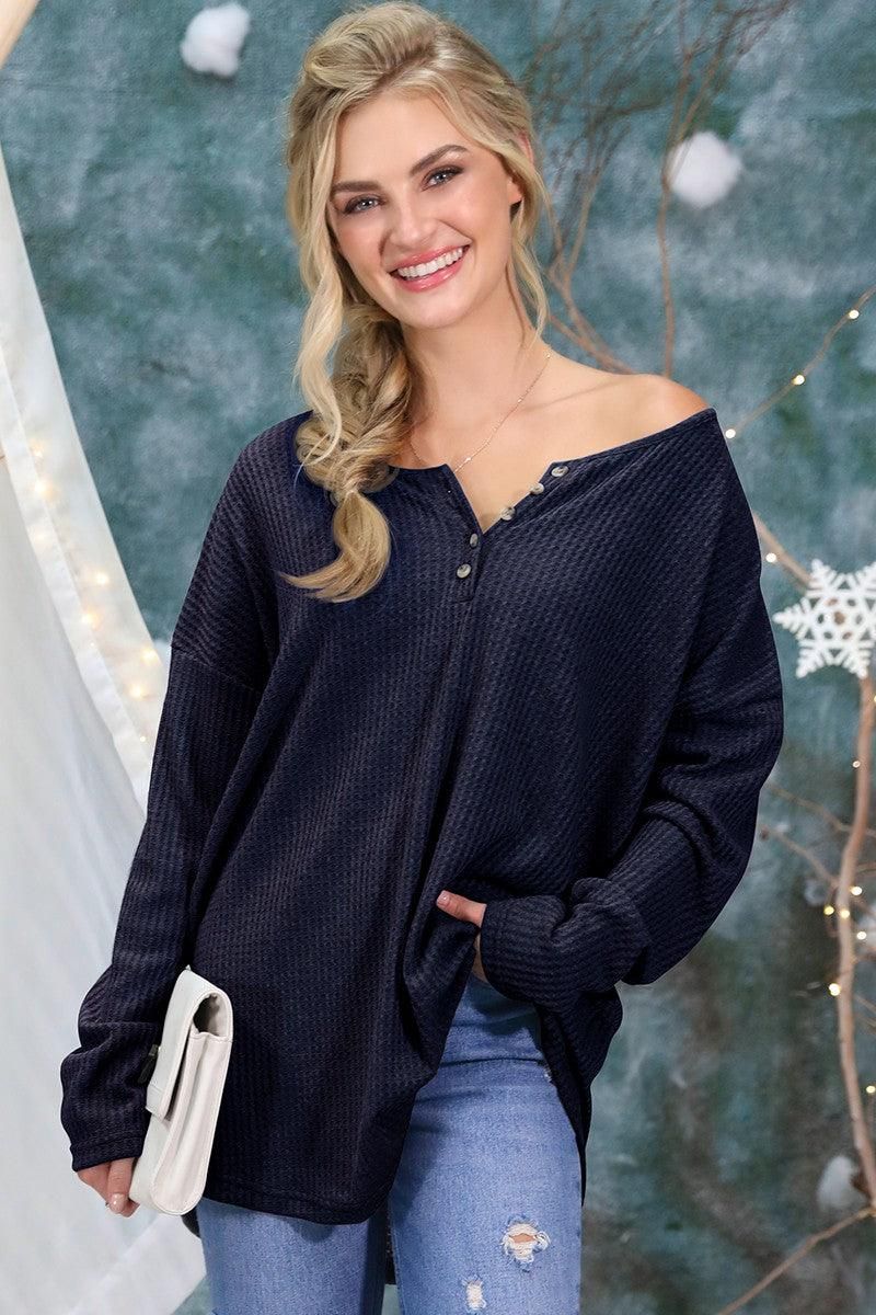 BUTTON PLACKET DETAILED LONG SLEEVE WAFFLE TOP - Doublju