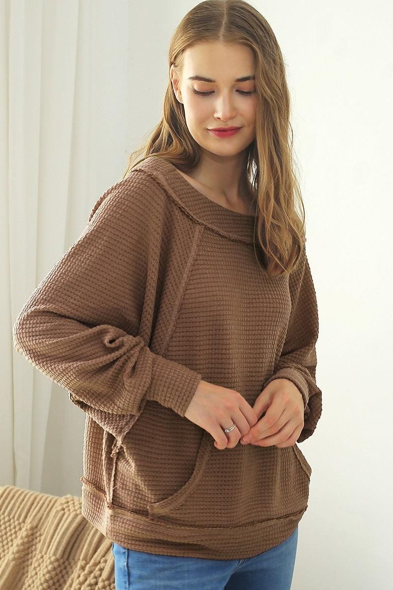 BOAT NECK POCKETED PULLOVER SWEATER KNIT TOP - Doublju
