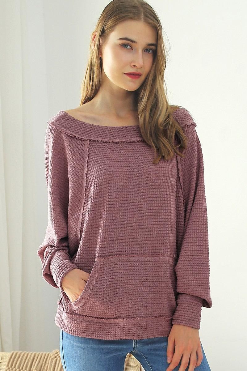 BOAT NECK POCKETED PULLOVER SWEATER KNIT TOP - Doublju