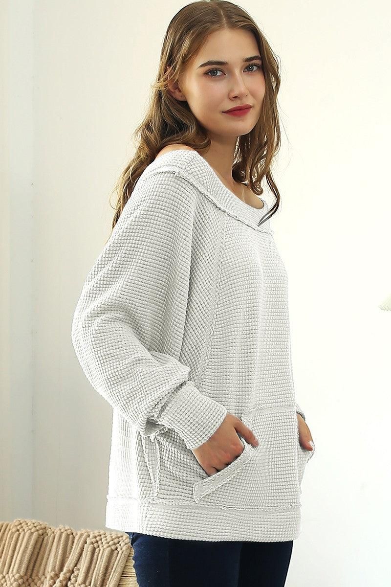 BOAT NECK POCKETED PULLOVER SWEATER KNIT TOP - Doublju