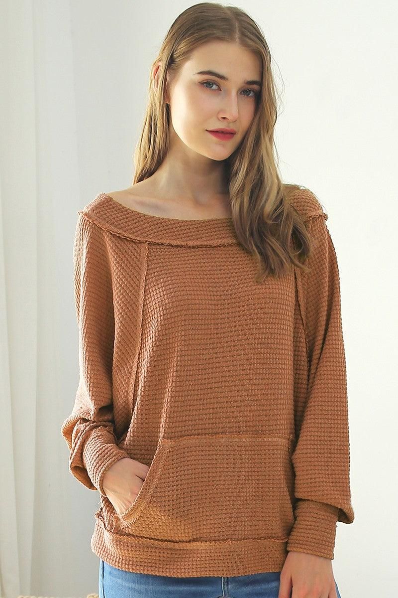 BOAT NECK POCKETED PULLOVER SWEATER KNIT TOP - Doublju