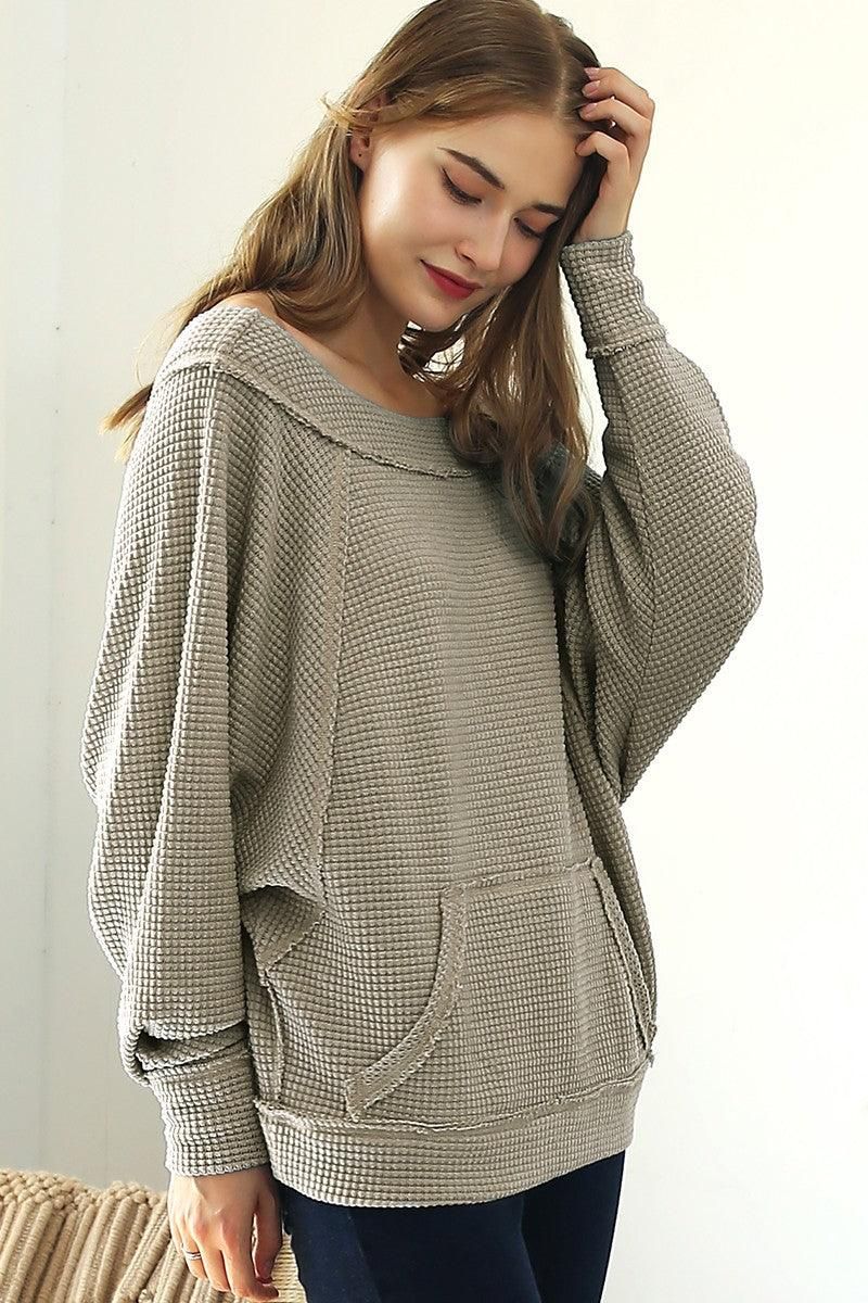 BOAT NECK POCKETED PULLOVER SWEATER KNIT TOP - Doublju