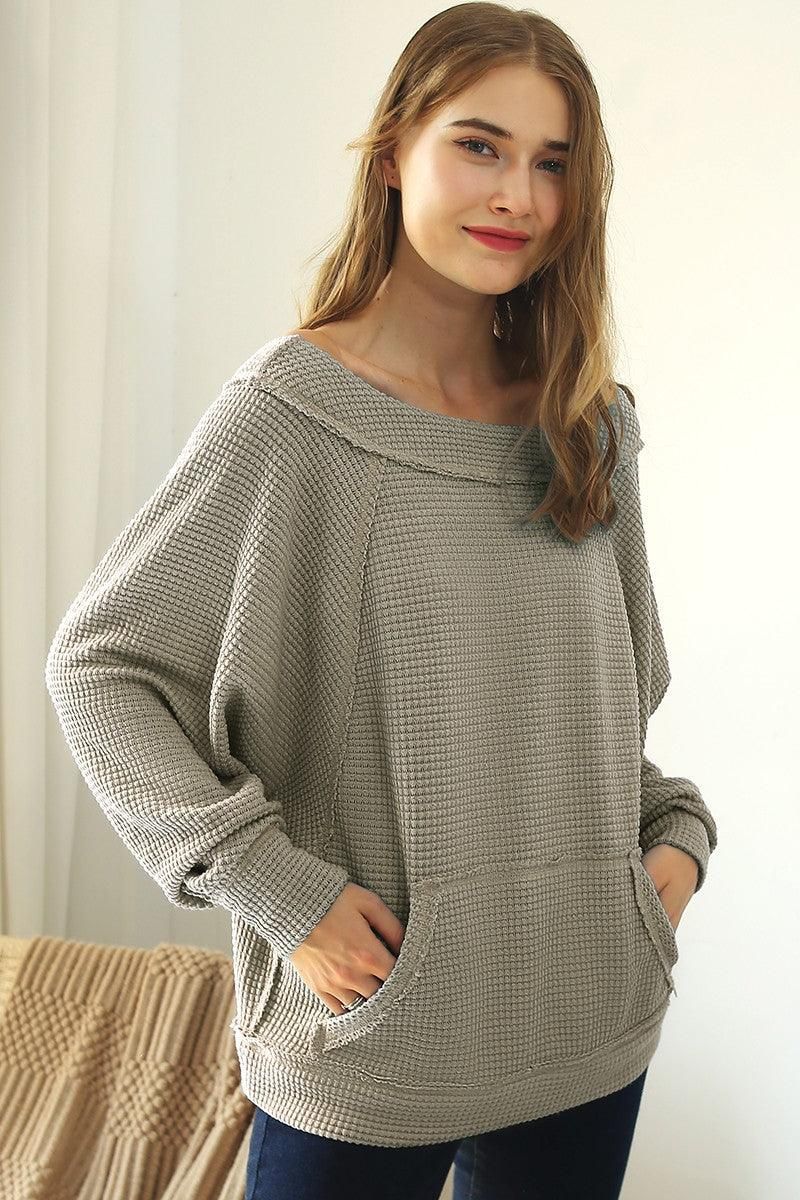 BOAT NECK POCKETED PULLOVER SWEATER KNIT TOP - Doublju