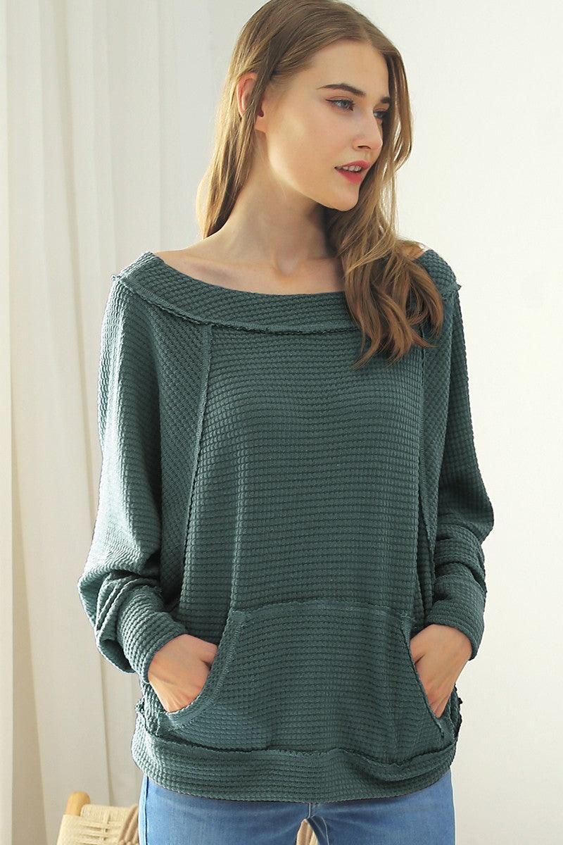 BOAT NECK POCKETED PULLOVER SWEATER KNIT TOP - Doublju