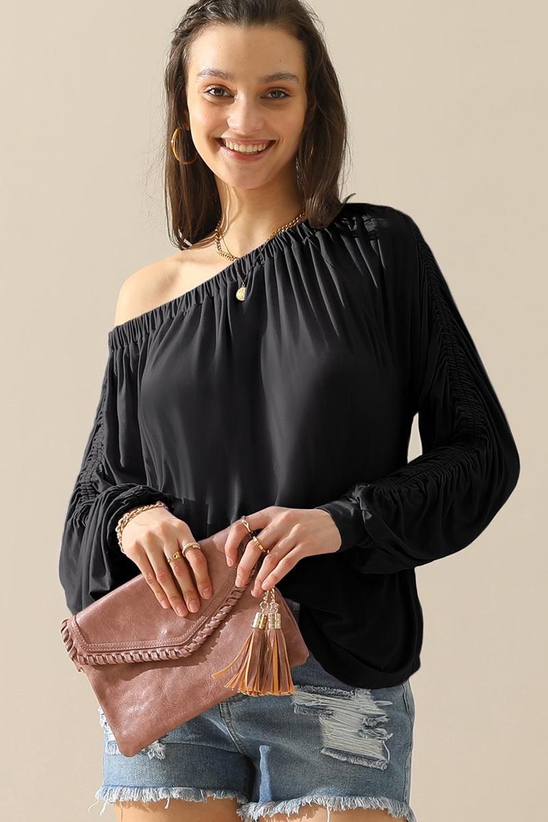 BOAT NECK SHRRING LONG SLEEVE TOP - Doublju