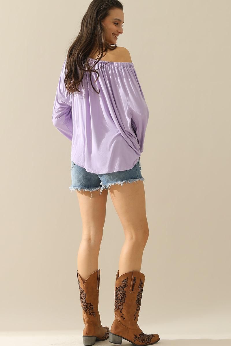 BOAT NECK SHRRING LONG SLEEVE TOP - Doublju