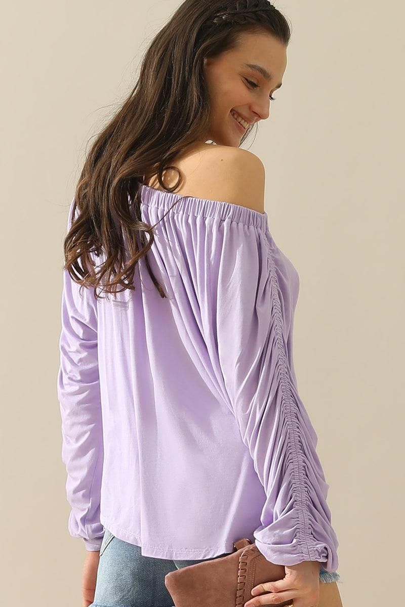 BOAT NECK SHRRING LONG SLEEVE TOP - Doublju