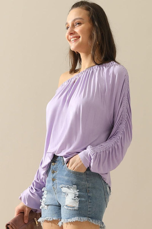 BOAT NECK SHRRING LONG SLEEVE TOP - Doublju