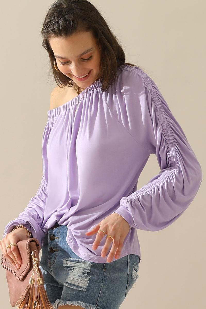 BOAT NECK SHRRING LONG SLEEVE TOP - Doublju