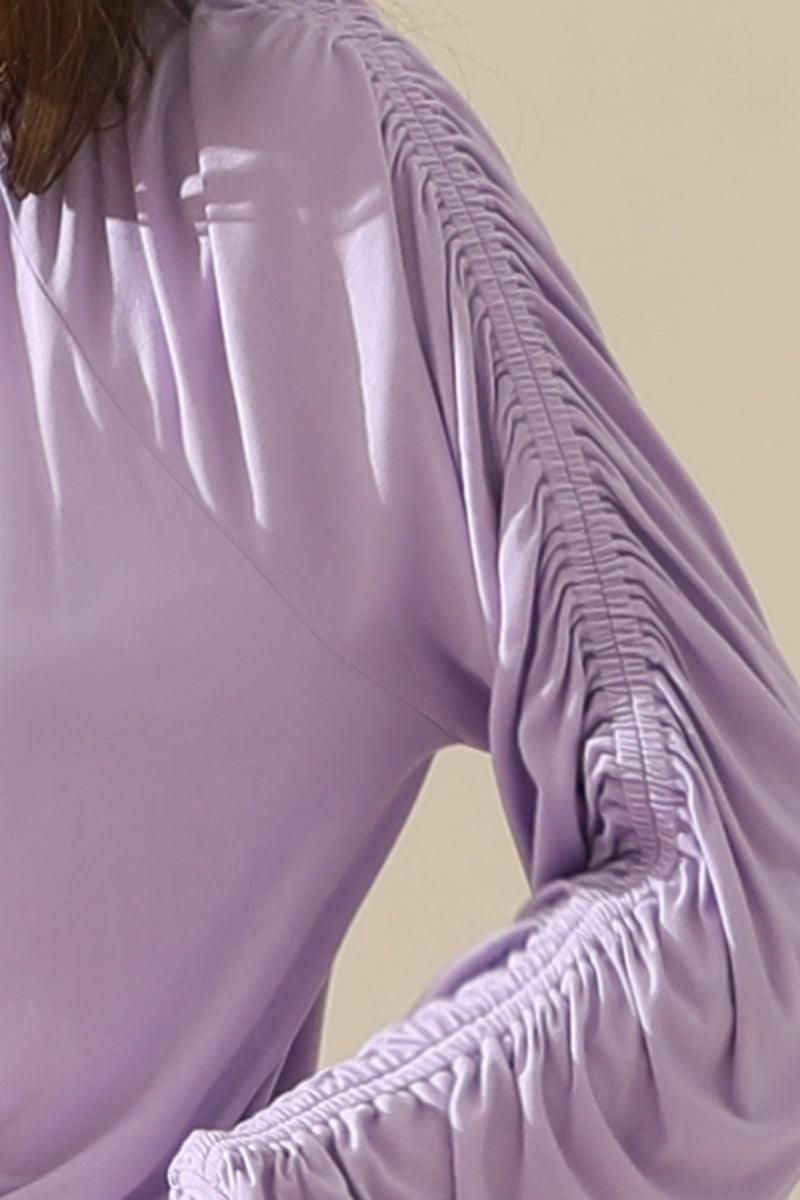 BOAT NECK SHRRING LONG SLEEVE TOP - Doublju