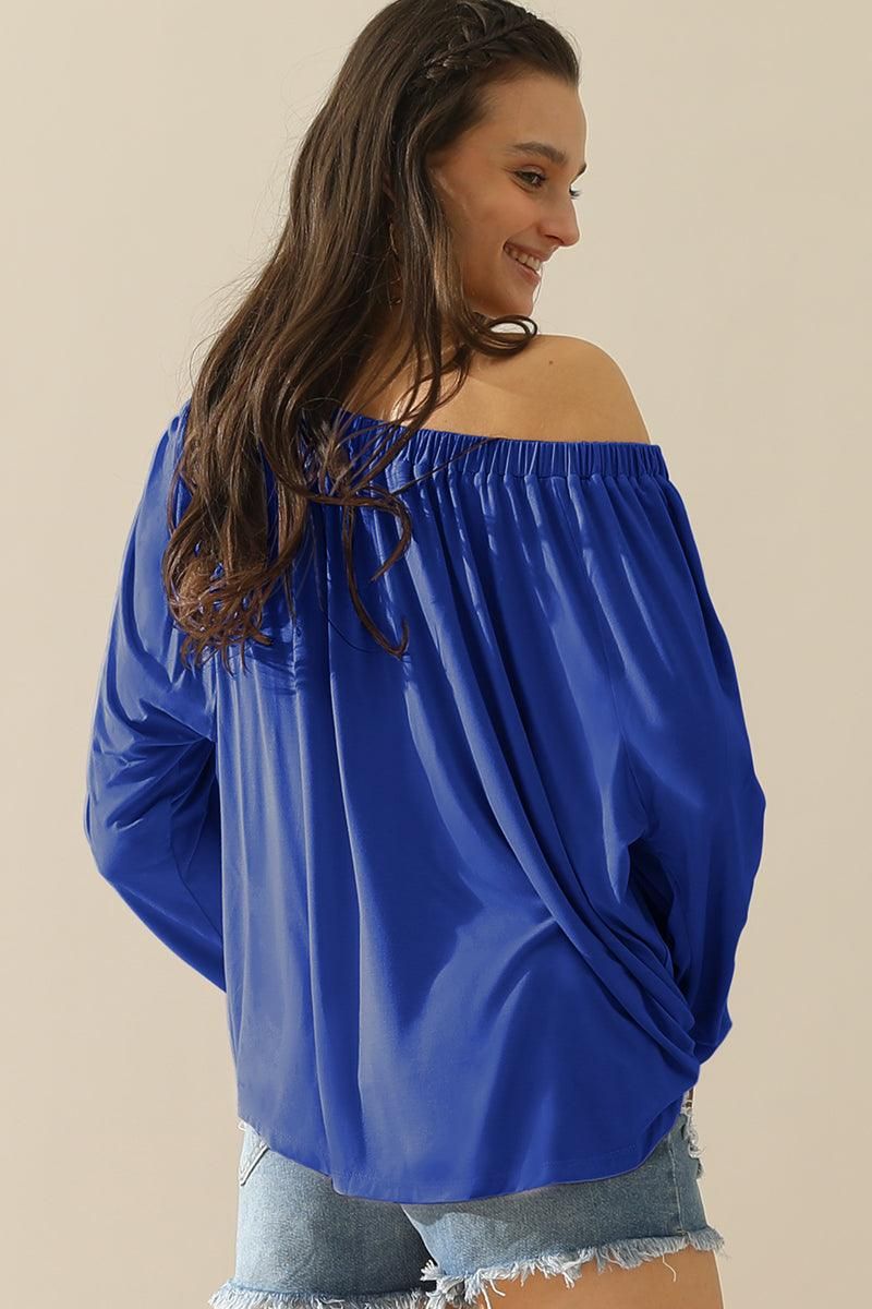 BOAT NECK SHRRING LONG SLEEVE TOP - Doublju