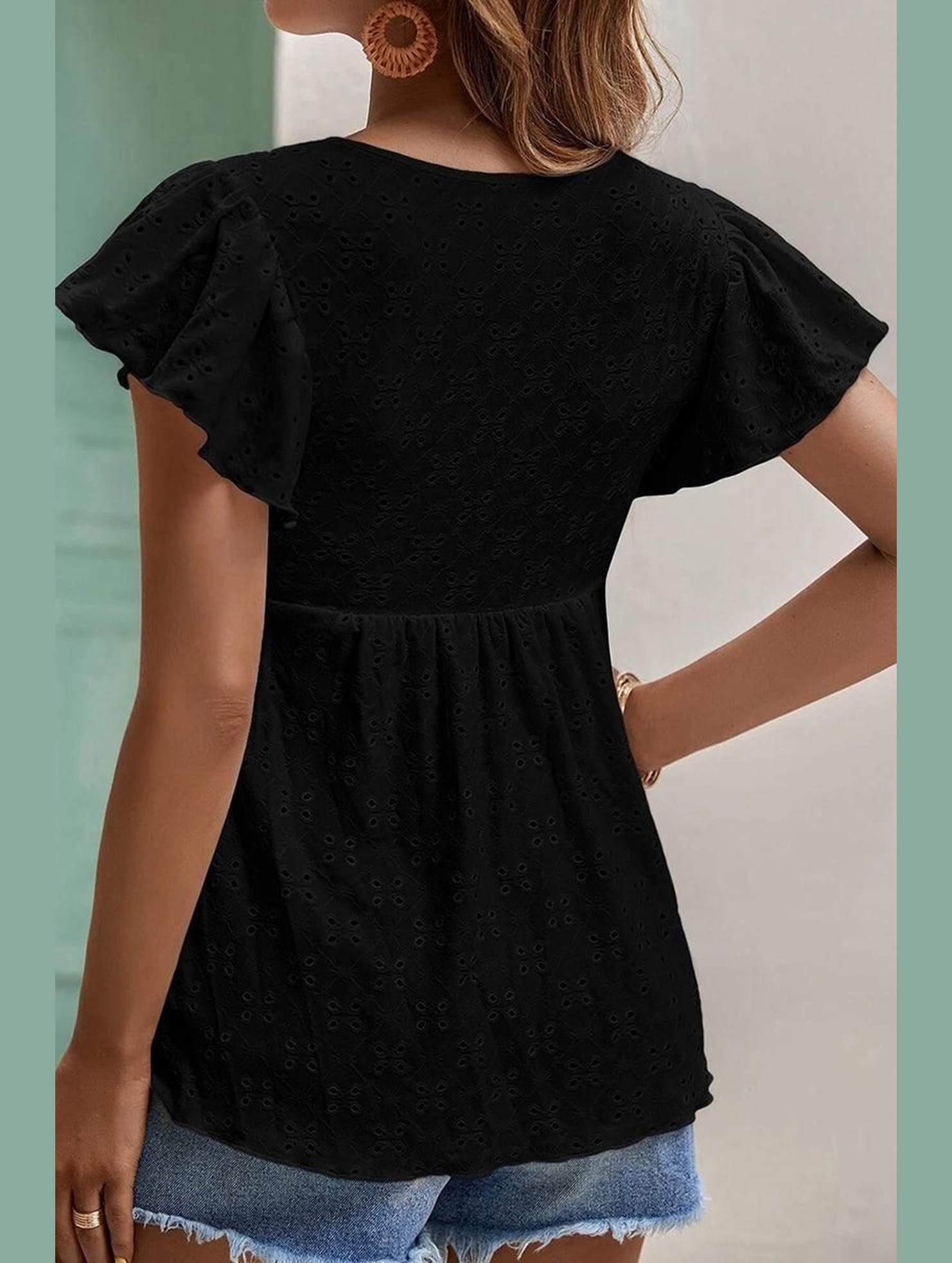 RUFFLED SLEEVE TIE NECK TUNIC TOP - Doublju