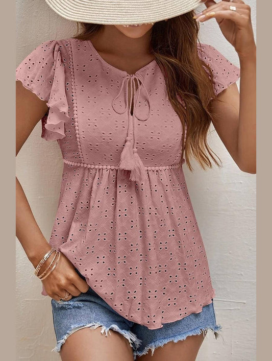 RUFFLED SLEEVE TIE NECK TUNIC TOP - Doublju