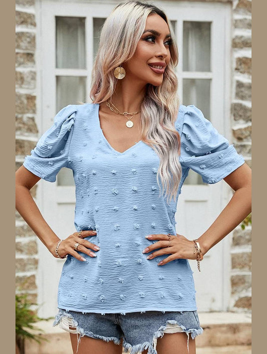 PUFF SLEEVE DEEP NECK CASUAL TOP - Doublju