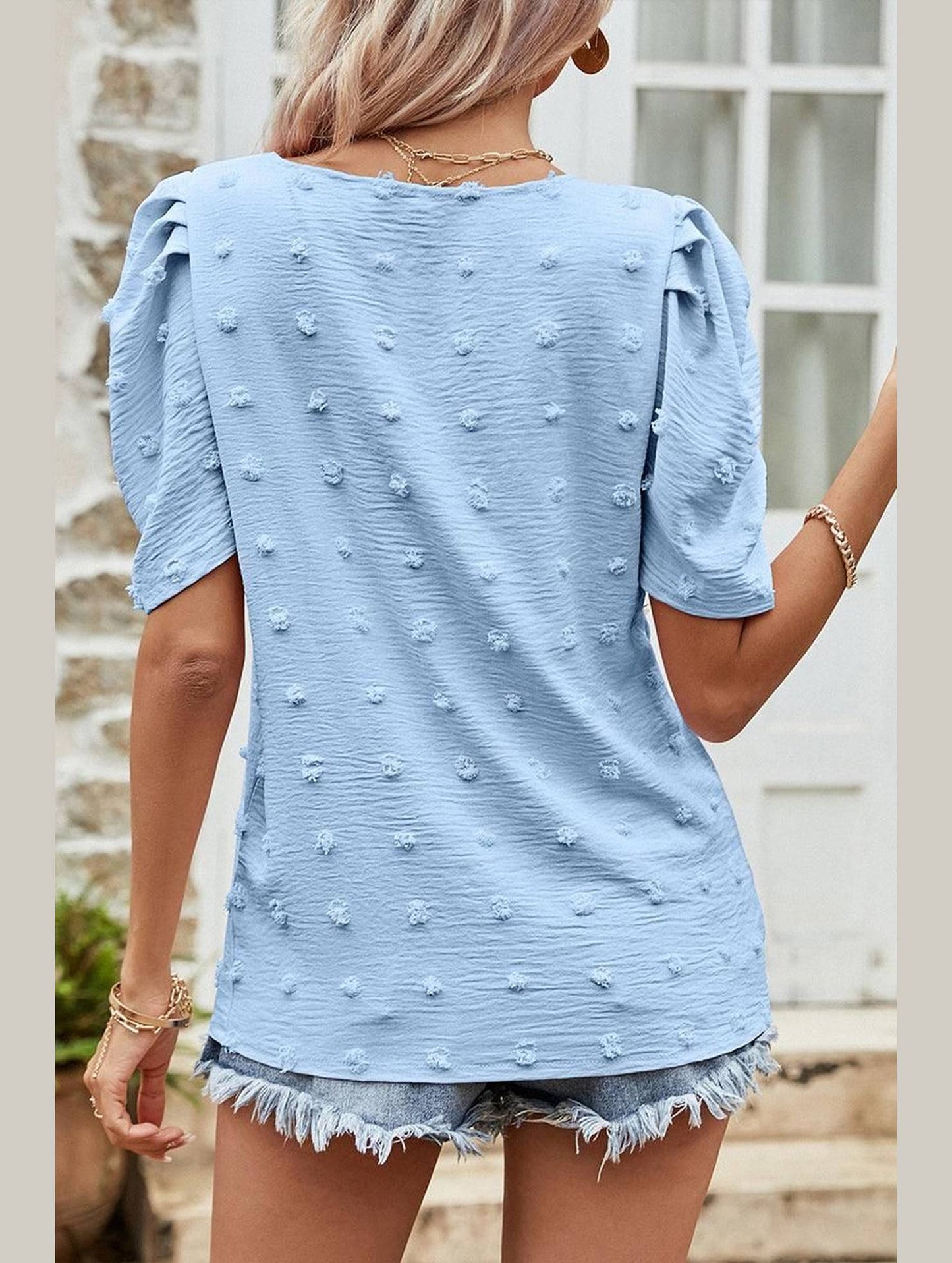 PUFF SLEEVE DEEP NECK CASUAL TOP - Doublju