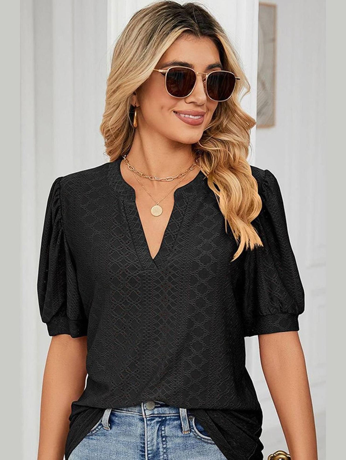 PUNCHING LACE V NECK PUFF SHORT SLEEVE BLOUSE - Doublju