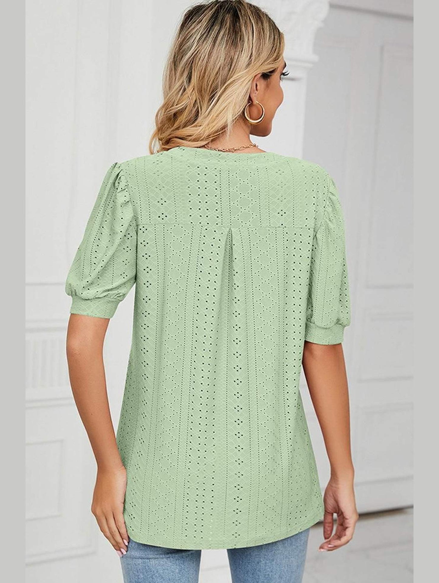 PUNCHING LACE V NECK PUFF SHORT SLEEVE BLOUSE - Doublju
