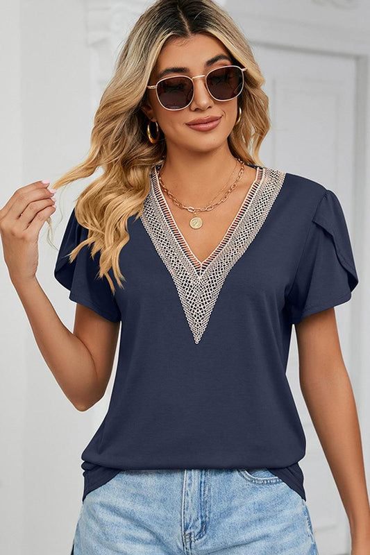 GOLD LACE V NECK RUFFLE SHORT SLEEVE TOP - Doublju