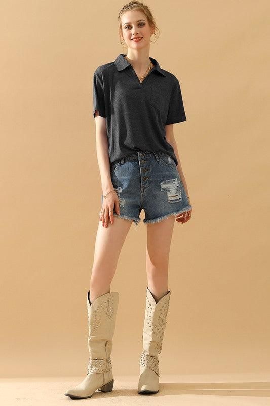 BASIC SHORT SLEEVE POCKET CALLAR TOP - Doublju