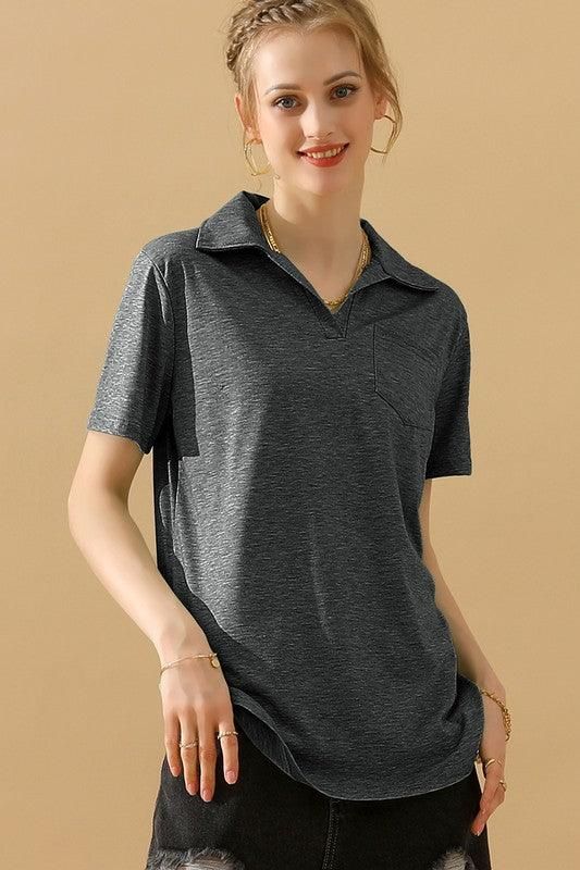 BASIC SHORT SLEEVE POCKET CALLAR TOP - Doublju