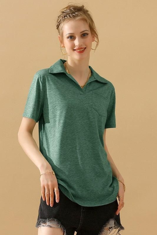 BASIC SHORT SLEEVE POCKET CALLAR TOP - Doublju