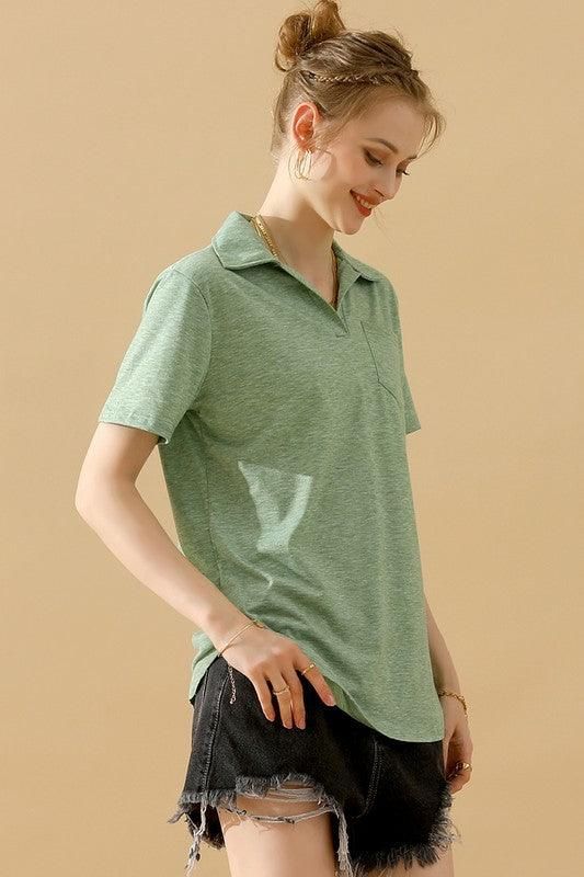 BASIC SHORT SLEEVE POCKET CALLAR TOP - Doublju