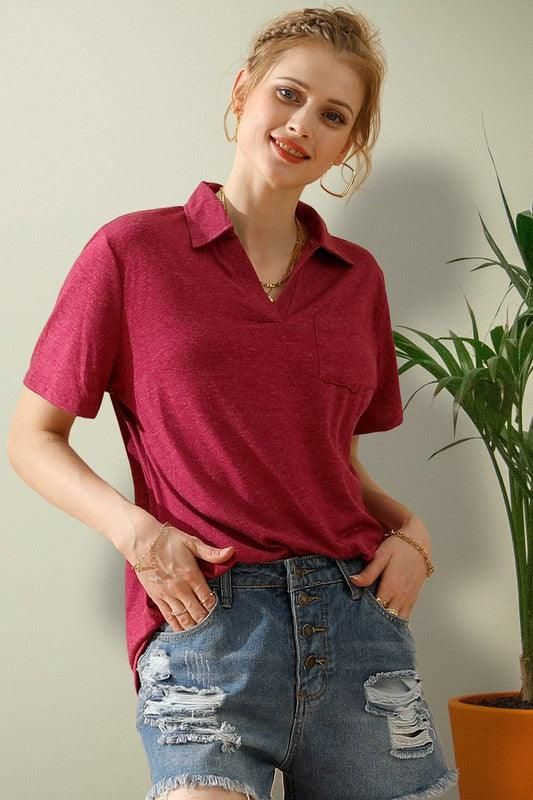 BASIC SHORT SLEEVE POCKET CALLAR TOP - Doublju