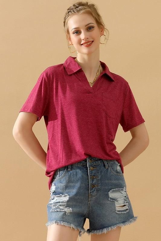 BASIC SHORT SLEEVE POCKET CALLAR TOP - Doublju