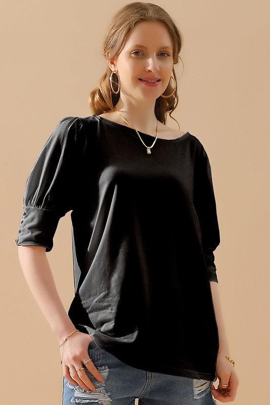 CREW NECK PUFF SLEEVE TUNIC TOP - Doublju