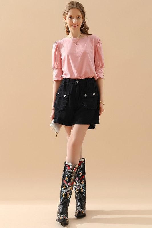 CREW NECK PUFF SLEEVE TUNIC TOP - Doublju