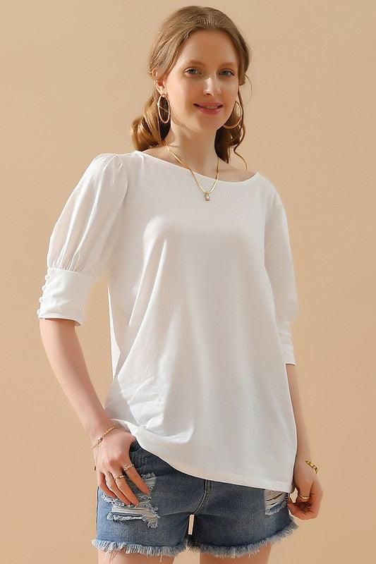 CREW NECK PUFF SLEEVE TUNIC TOP - Doublju