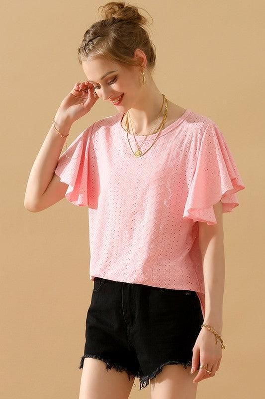 CAPE SLEEVE HOLLOW HOLE DETAILED CASUAL TOP - Doublju