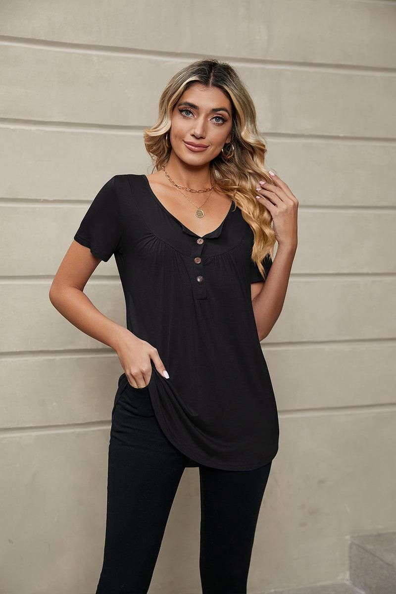 BUTTON NECK TUNIC TOP - Doublju
