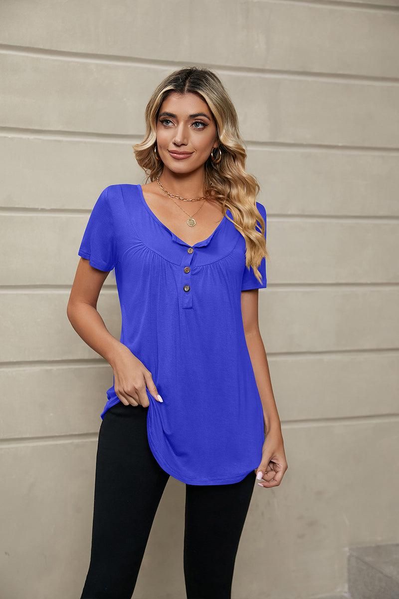 BUTTON NECK TUNIC TOP - Doublju