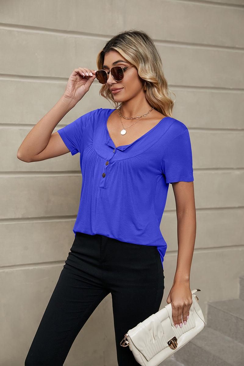 BUTTON NECK TUNIC TOP - Doublju