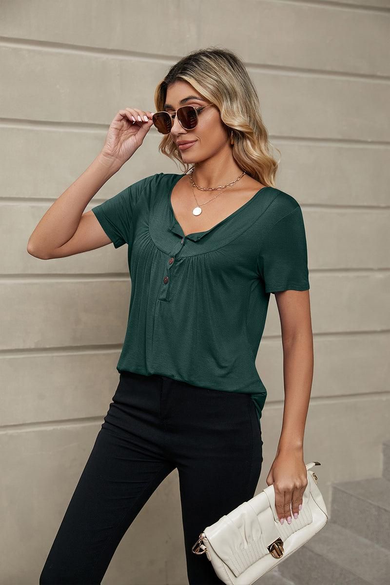 BUTTON NECK TUNIC TOP - Doublju