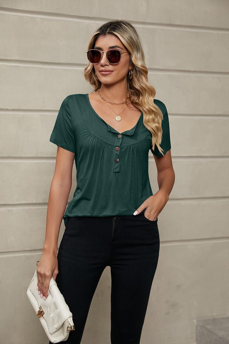 BUTTON NECK TUNIC TOP - Doublju