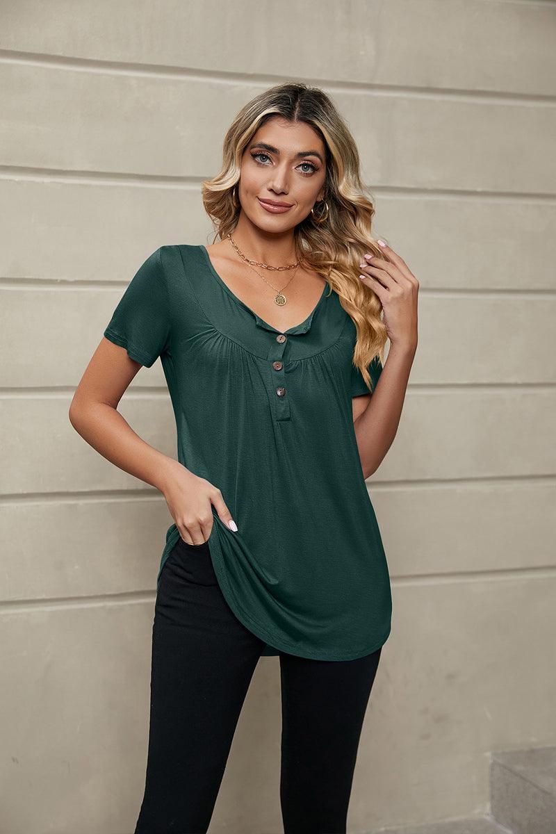 BUTTON NECK TUNIC TOP - Doublju