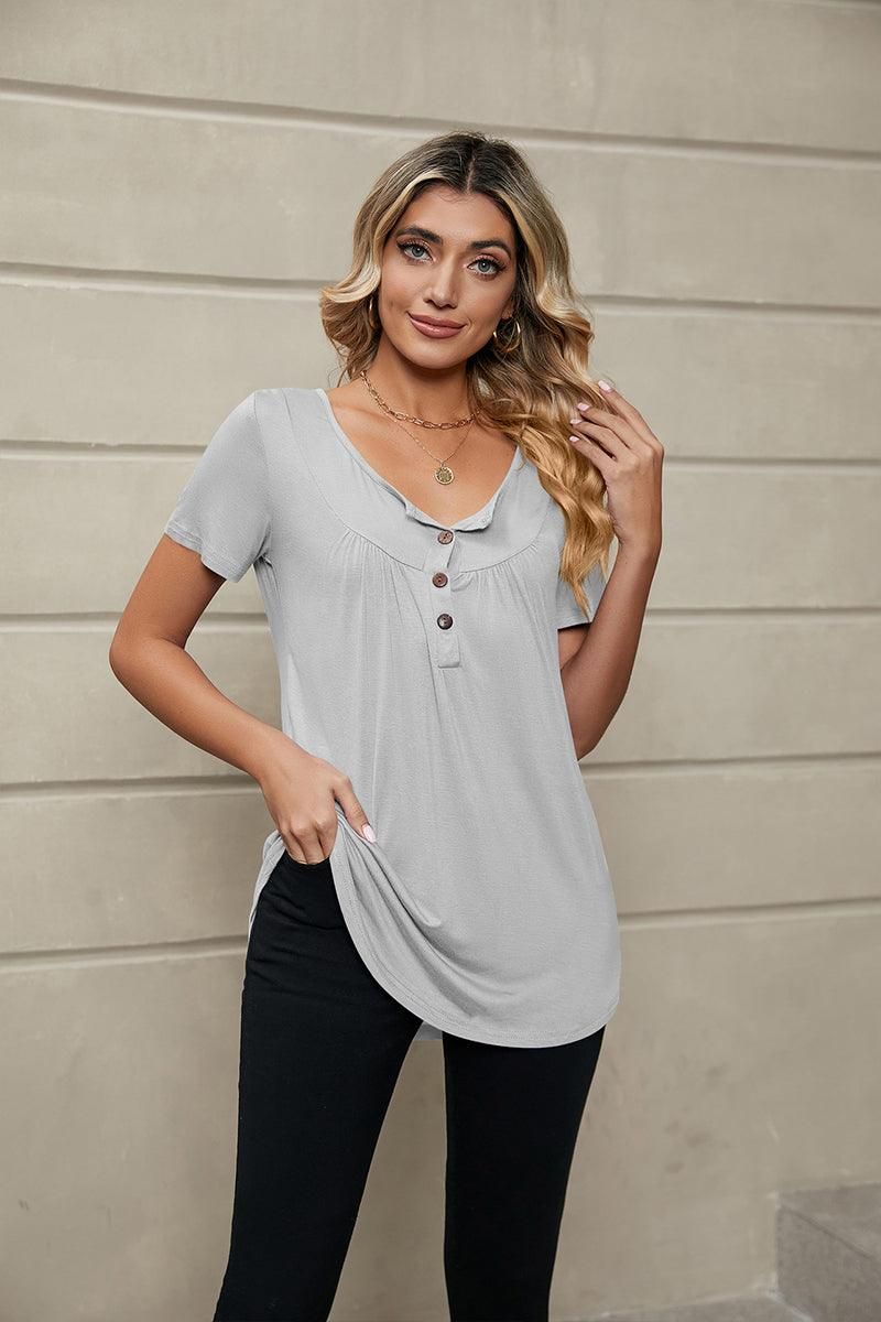 BUTTON NECK TUNIC TOP - Doublju