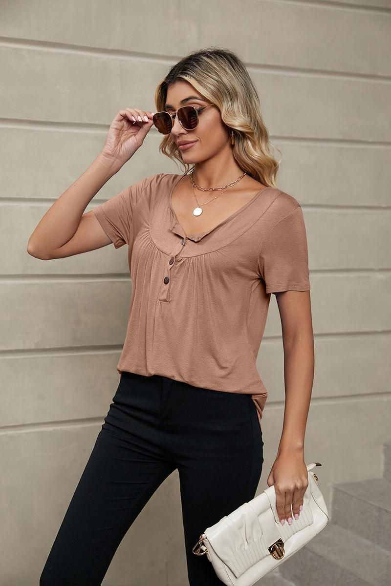 BUTTON NECK TUNIC TOP - Doublju