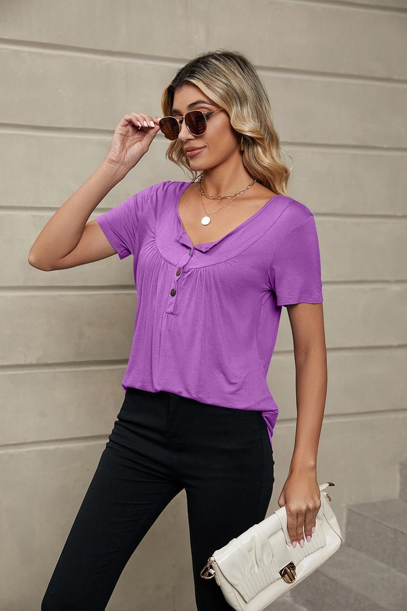 BUTTON NECK TUNIC TOP - Doublju